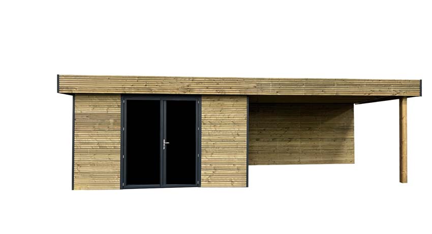 Tuinstudio Amelia L + terras vurenhout naturel 770x300x236cm dubbele deur