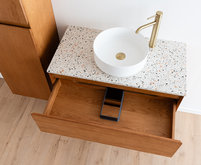 Badkamermeubel Fior eik hangend met enkel topblad terrazzo 90cm