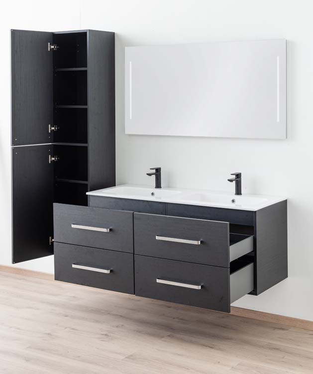 Meuble de salle de bains Plato noir suspendu avec lavabo double blanc brillant et poignées chromées 140cm