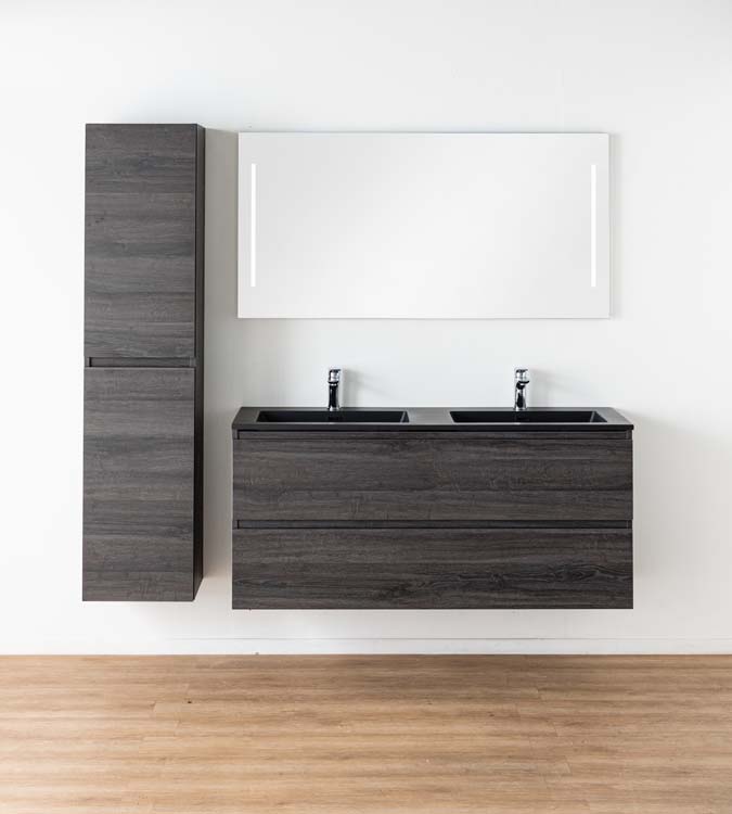 Meuble de salle de bains Dotan chêne foncé suspendu avec lavabo double noir mat 140cm