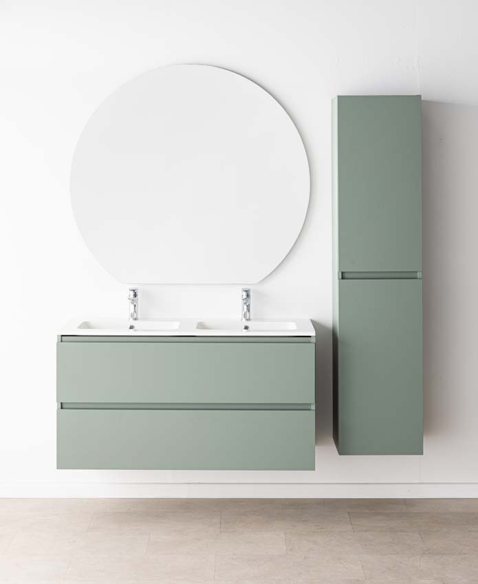 Meuble de salle de bain Dotan eucalyptus vert avec double lavabo blanc brillant 120cm