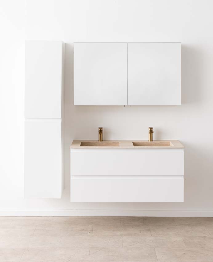 Badkamermeubel Tibo wit met dubbele wastafel travertinlook 120cm