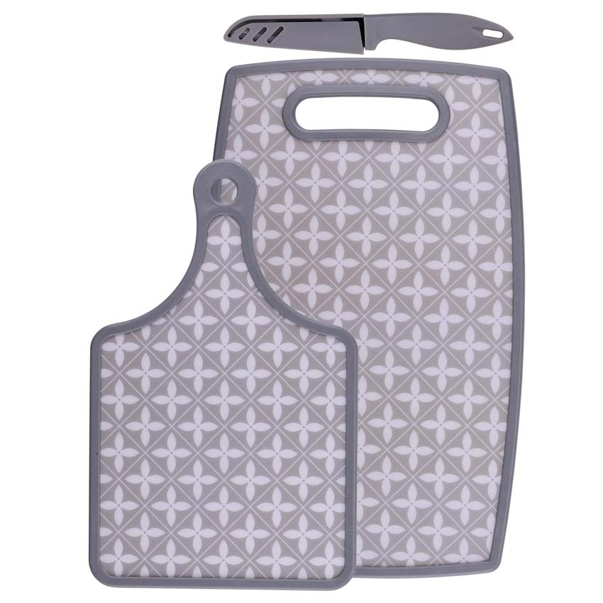 Planches à découper et couteau plastique/acier inoxydable gris/blanc 37x23cm