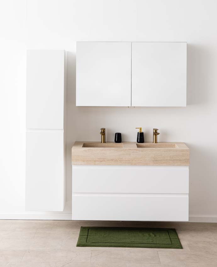 Badkamermeubel Tibo wit met dubbele brede wastafel travertinlook 120cm