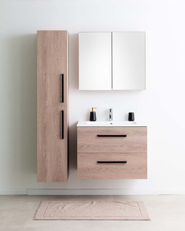 Badkamermeubel Bison eik hangend met enkele wastafel mat wit 80cm