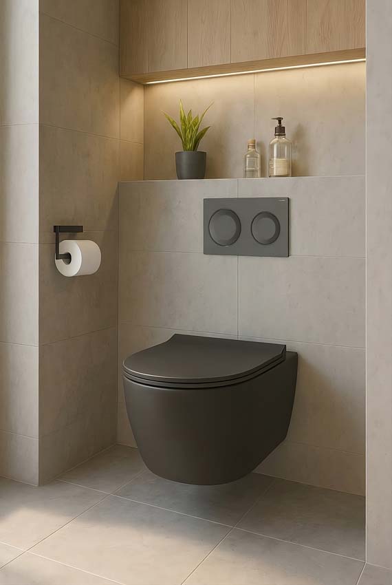 Toilette suspendue Allibert Nero sans rebord noir avec siège de WC + réservoir encastré