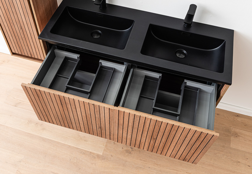 Meuble de salle de bains Toledo chêne/noir avce double lavabo noir mat 120cm