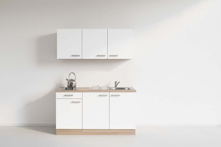 Cuisine étudiant blanc/chêne clair 150cm - plaque de cuisson en inox - sans appareils