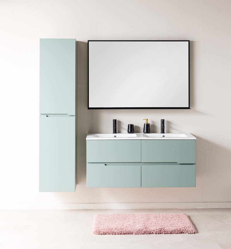 Meuble de salle de bains Truman vert gris suspendu avec lavabo double blanc brillant 120cm
