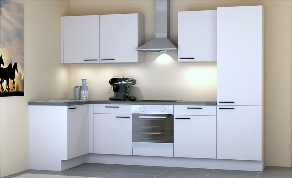 Hoekkeuken Premium 15C wit 305x130cm - voorgemonteerd - met toestellen - vitrokeramische kookplaat en inox wanddampkap