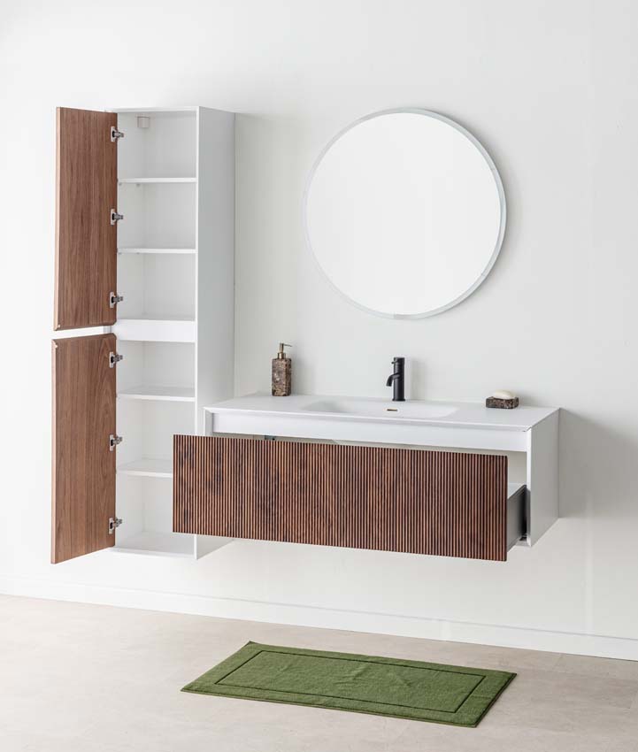 Meuble de salle de bains Falk noyer suspendu avec lavabo simple blanc mat 120cm
