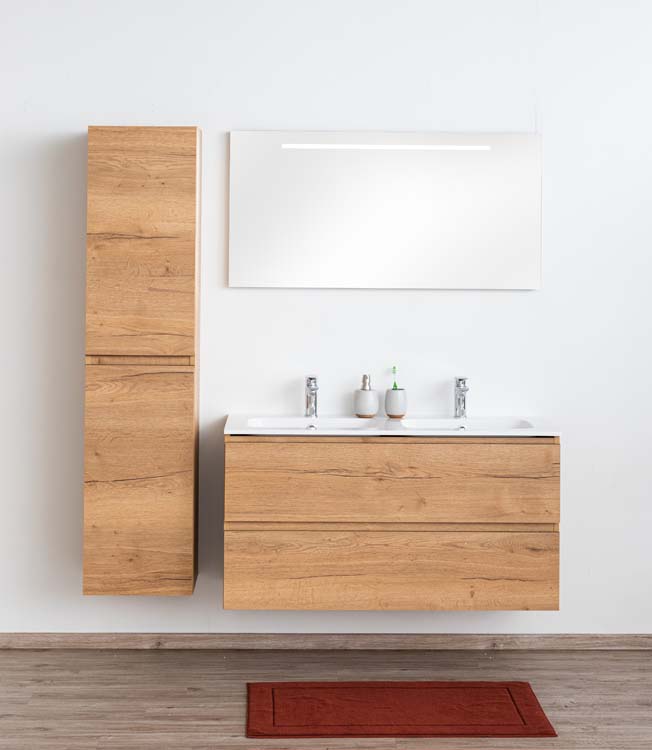 Badkamermeubel Daria eik goudbruin hangend met dubbele wastafel glanzend wit 120cm