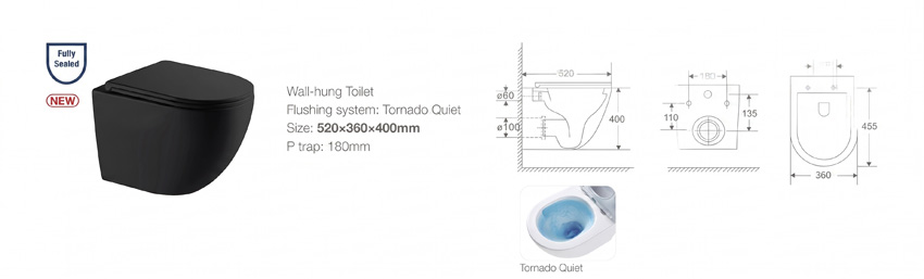 Hangtoilet Linus rimless tornado flush mat zwart inclusief WC-bril