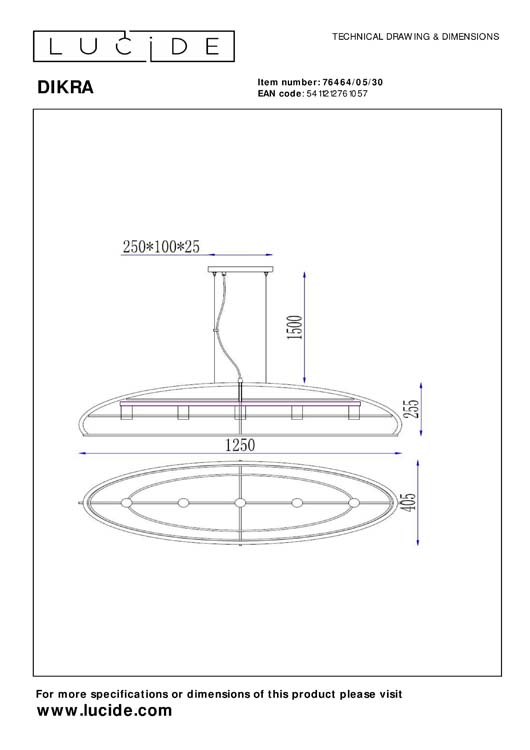 Lucide DIKRA - Hanglamp - 5xE27 - Zwart