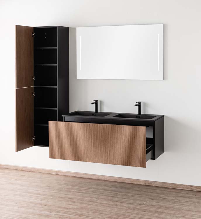Badkamermeubel Dorian notelaar hangend met dubbele wastafel mat zwart 120cm