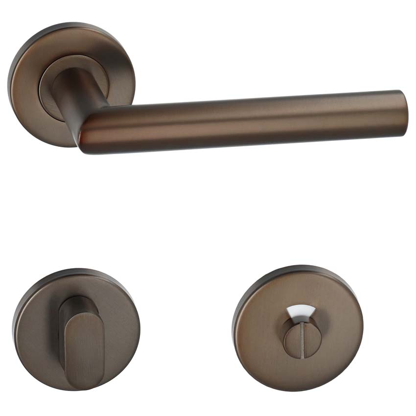 Deurkruk pro I shape mat brons rond 19mm complete set met rozetten en sleutelplaat