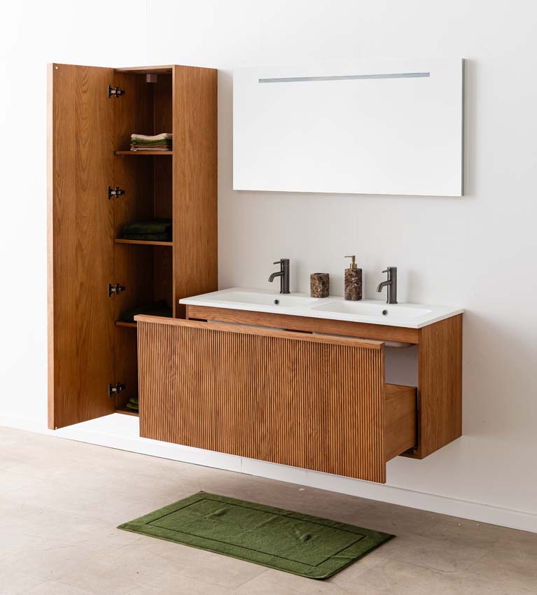 Badkamermeubel Fae eik hangend met dubbele wastafel mat wit 120cm