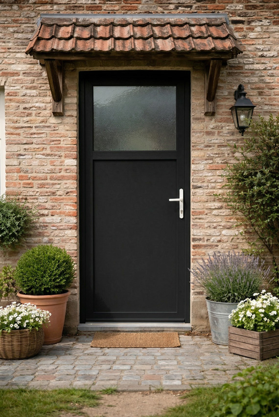 Buitendeur budget PVC 1/3 structuurglas zwart/wit rechtstrekkend op maat