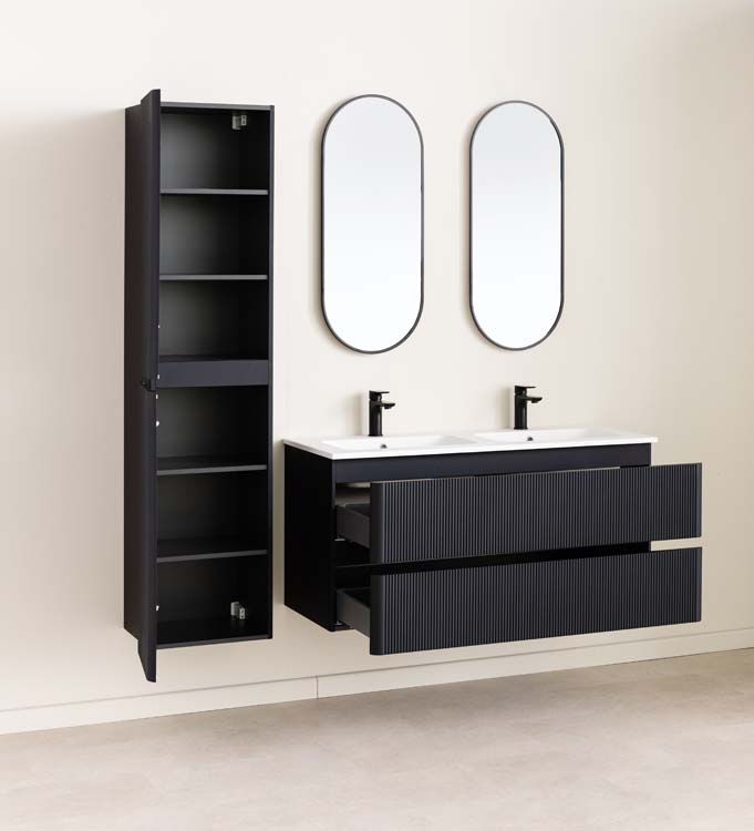 Badkamermeubel Julia mat zwart hangend met dubbele wastafel mat wit 120cm