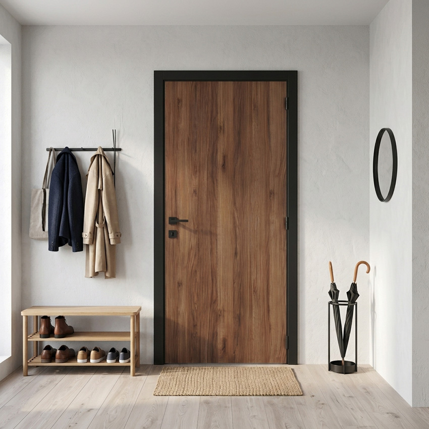 Porte intérieure complète Pure noyer 201,5x63cm aggloméré tubulaire réversible + châssis noir 16,5cm