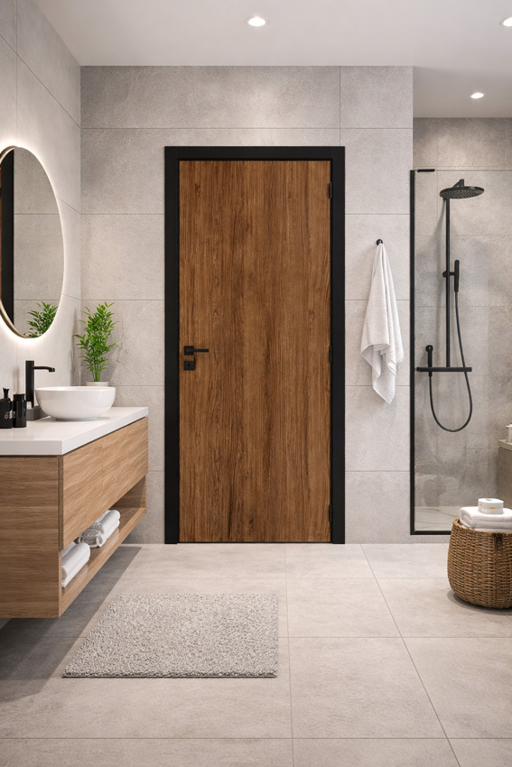 Porte intérieure complète Pure noyer 201,5x73cm aggloméré tubulaire réversible + châssis noir 16,5cm