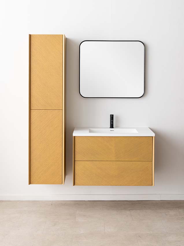 Meuble de salle de bains Waldorf chêne suspendu avec lavabo simple blanc mat 90cm