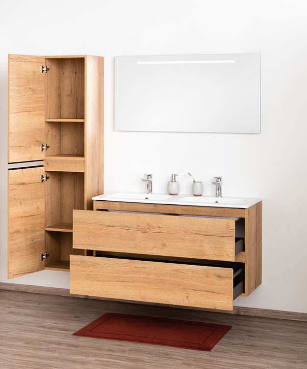 Meuble de salle de bains Daria chêne brun doré suspendu avec lavabo double blanc mat 120cm