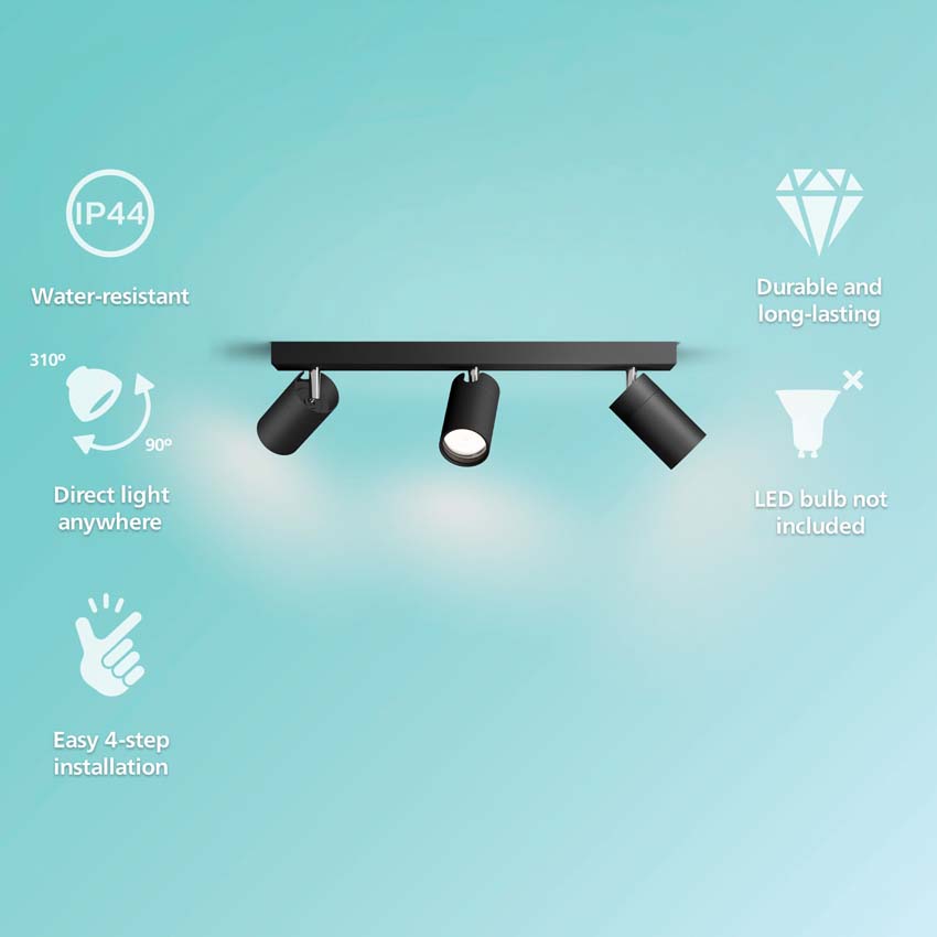 Spot plafond salle de bains noir 3 spots ronde IP44