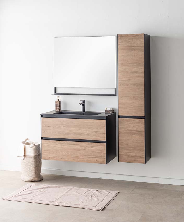 Badkamermeubel Molly houtlook hangend met enkele wastafel mat zwart 90cm Badkamermeubel Molly houtlook hangend met enkele wastafel mat zwart 90cm