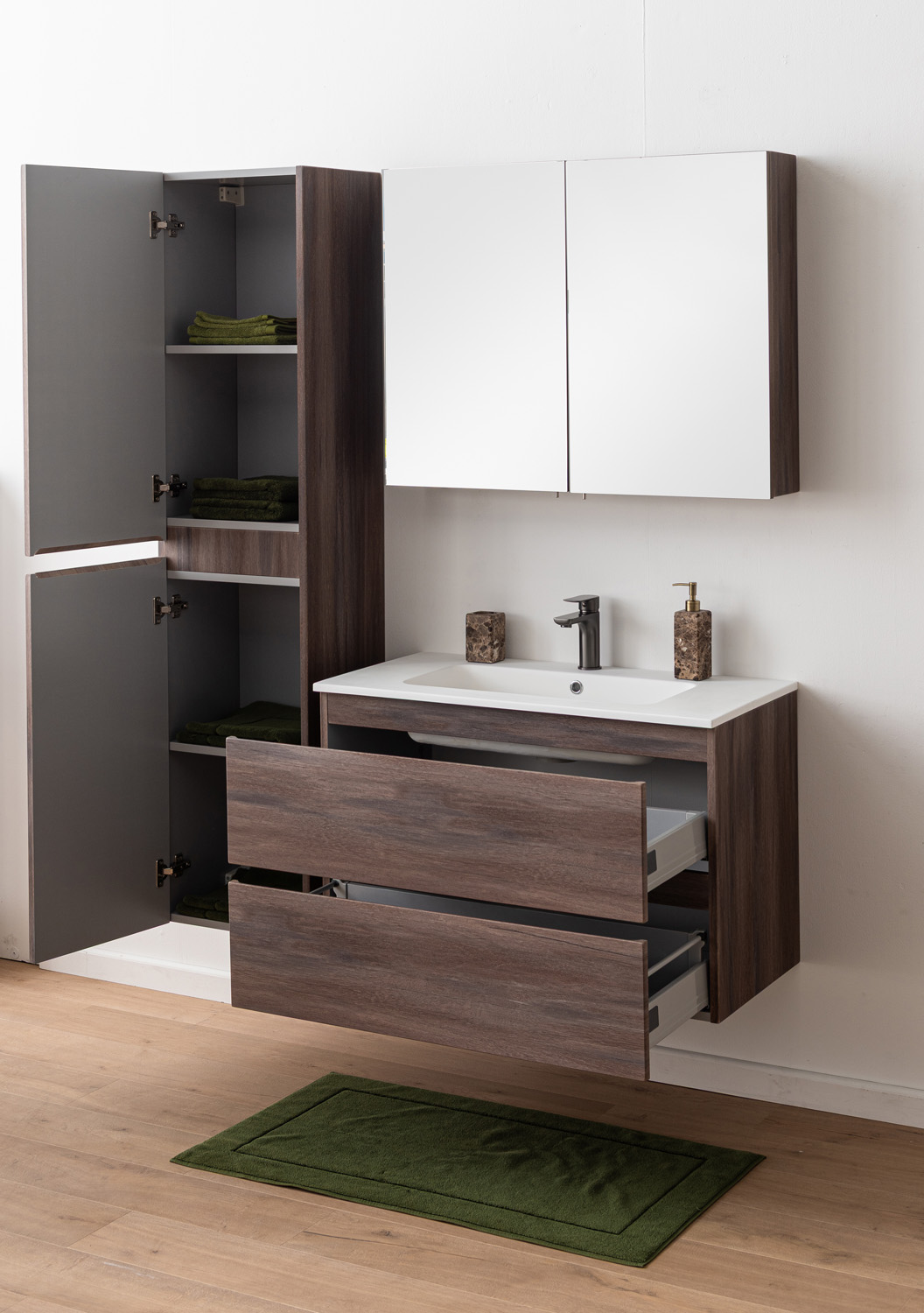 Meuble de salle de bains Tarik chêne ambré suspendu avec vasque simple blanc mat 90cm