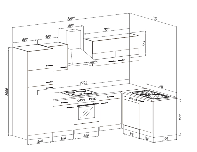 Keuken antraciet/eik donker 280x172cm - met toestellen - vitrokeramische kookplaat en zwarte wanddampkap