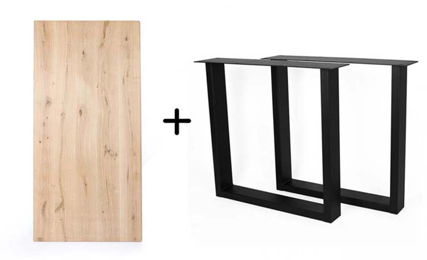 Table métal/bois rectangulaire chêne bord droit 260x100cm + piètement U noir