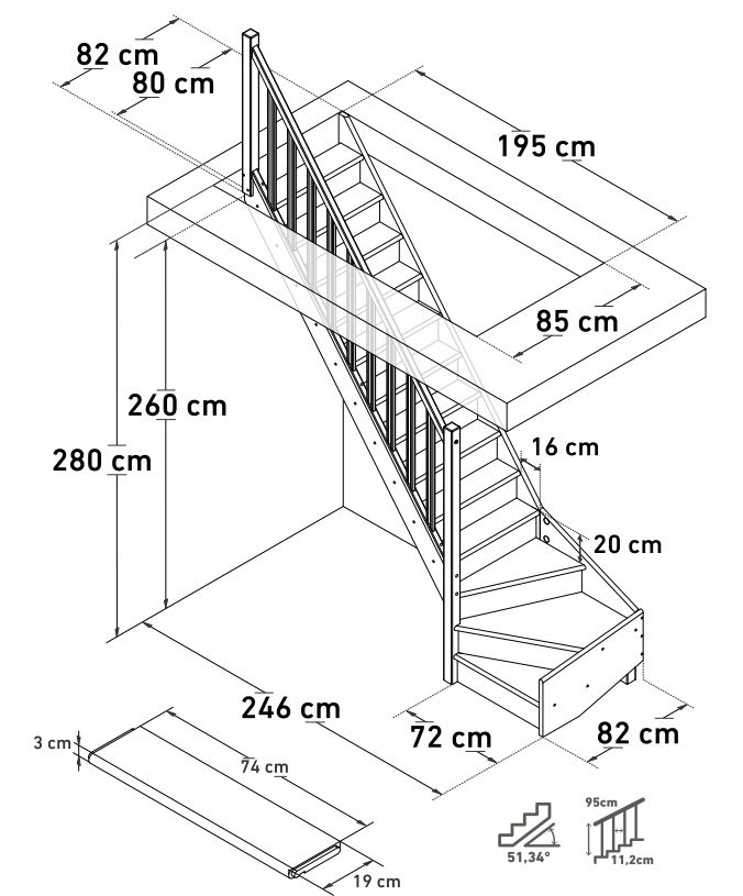 Escalier fermé hêtre Hamburg avec quart tournant bas gauche avec rampe