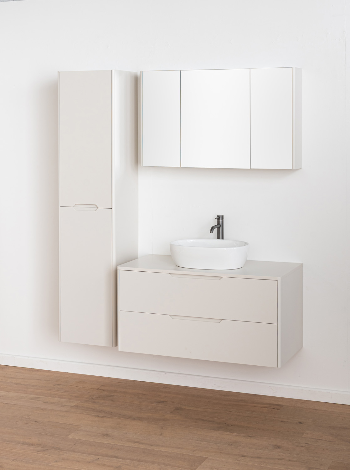 Meuble de salle de bains Billie beige avec vasque à poser blanc brillant 100cm