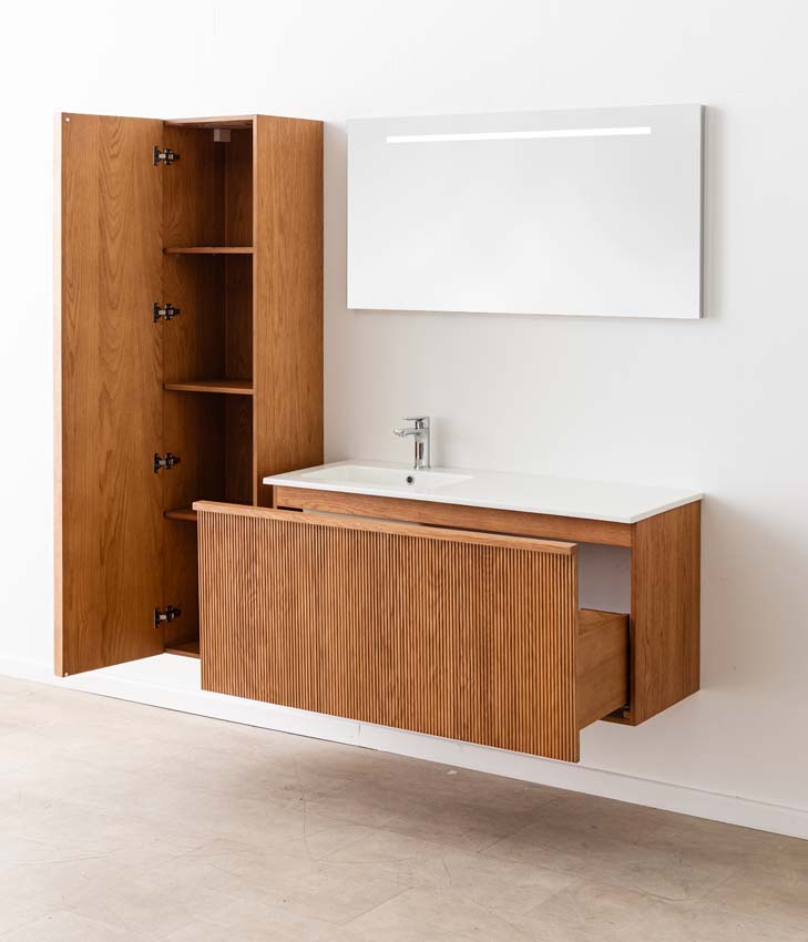 Meuble de salle de bain Fae chêne suspendu avec vasque simple blanc brillant 120cm