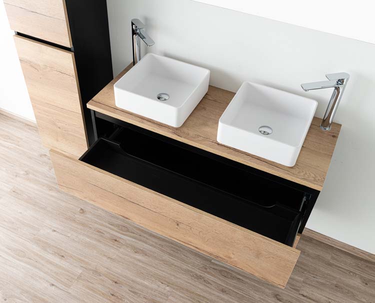 Meuble de salle de bain Dotan chêne/noir 1200 mm tablette en saillie melamine Meuble de salle de bain Dotan chêne/noir 1200 mm tablette en saillie melamine