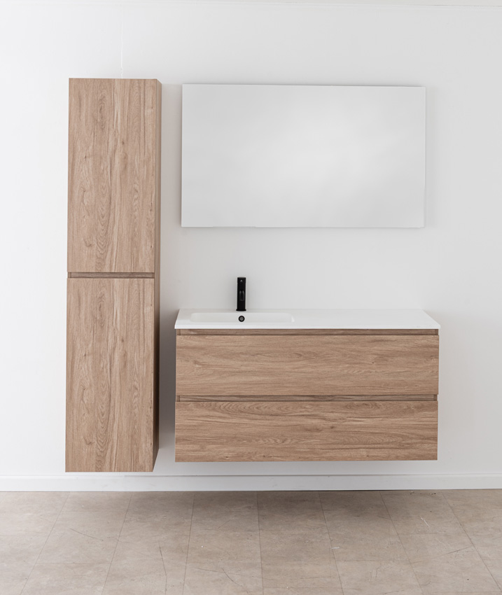 Meuble de salle de bain Bianca aspect chêne suspendu avec lavabo simple blanc mat 120,5cm