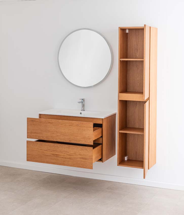 Meuble de salle de bain Fior chêne suspendu avec vasque simple blanc brillant 90cm