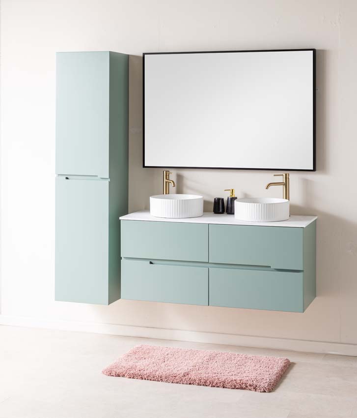 Meuble de salle de bains Truman vert gris suspendu avec double vasque à poser blanc mat 120cm