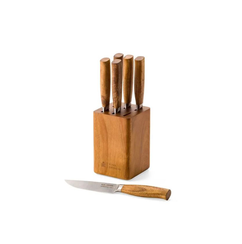 Steakmessenset BK Peter Goossens Maestro RVS/acaciahout 6-delig met messenblok