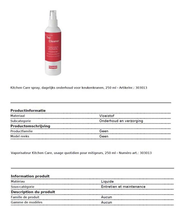 Franke Kitchen Care - vaporisateur - mitigeur - 250ml