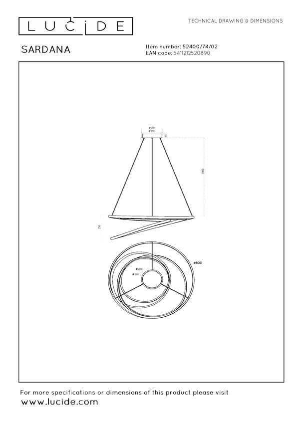 Lucide Premium Sardana - Plafonnier - LED dimmable - 1x54W 2700K - Or mat / Laiton