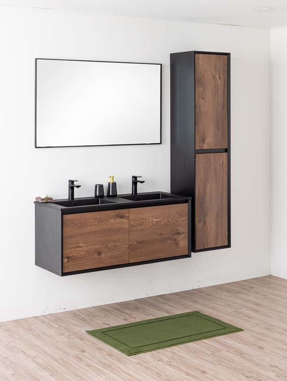Meuble de salle de bains Justin noyer suspendu avec lavabo double noir mat 120cm