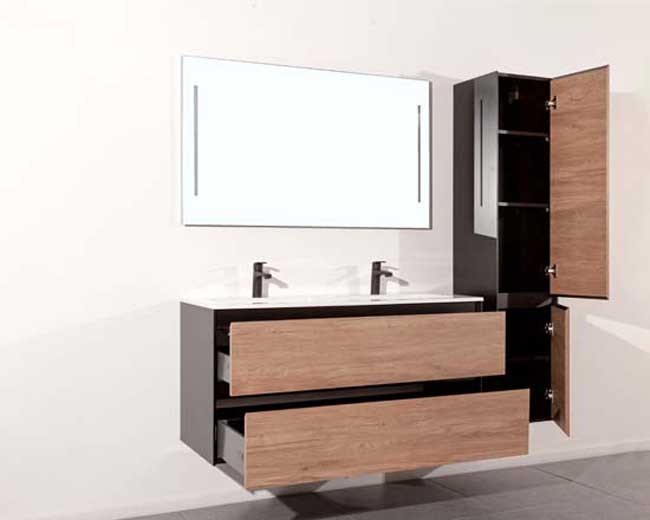 Meuble de salle de bains Molly aspect bois suspendu avec lavabo double blanc mat 120cm