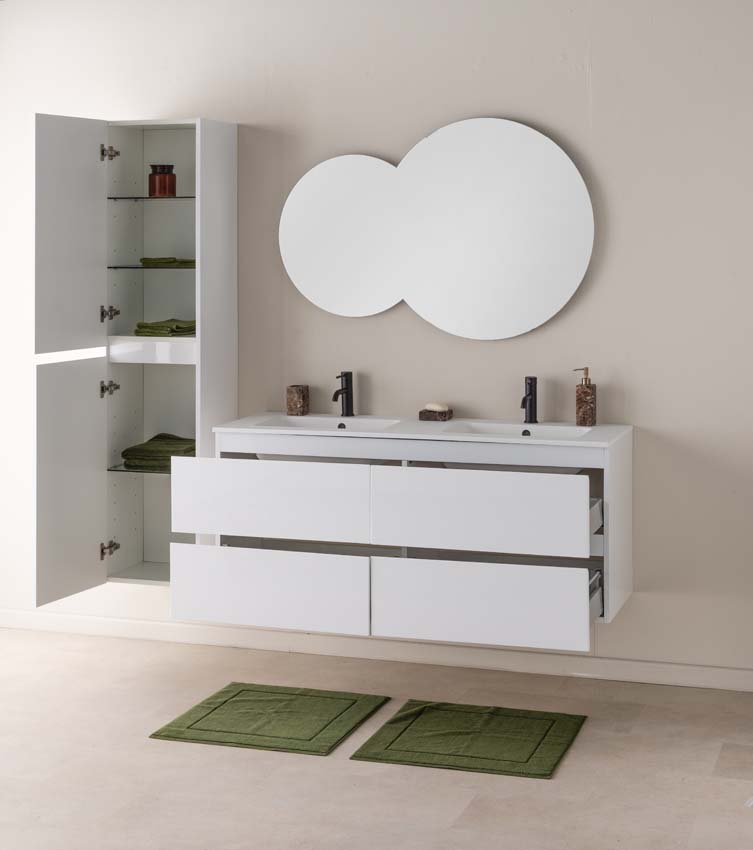 Meuble de salle de bains Tibo blanc suspendu avec lavabo double blanc mat 140cm