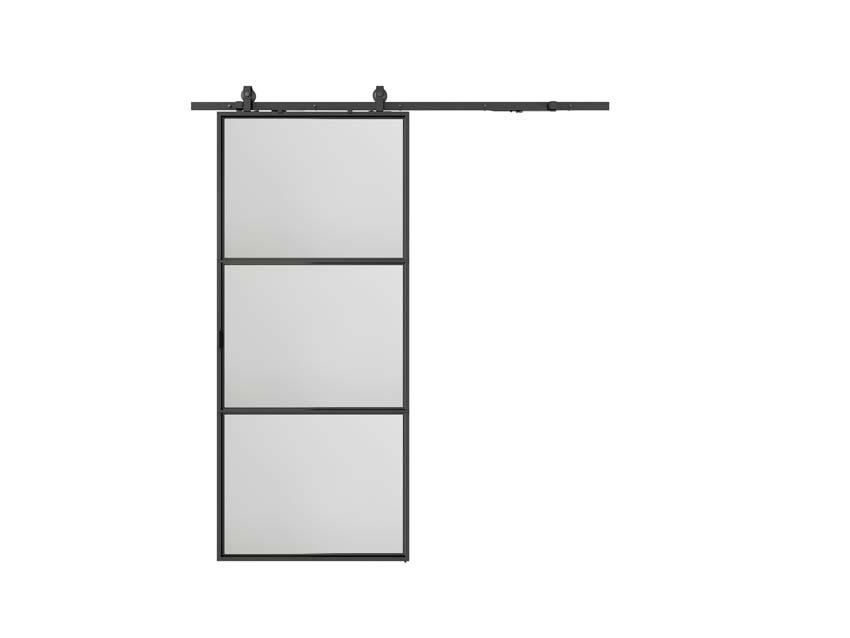 Complete enkele stalen schuifdeur Tyra mat glas 3R 93x213,4cm zwart + rail zwart