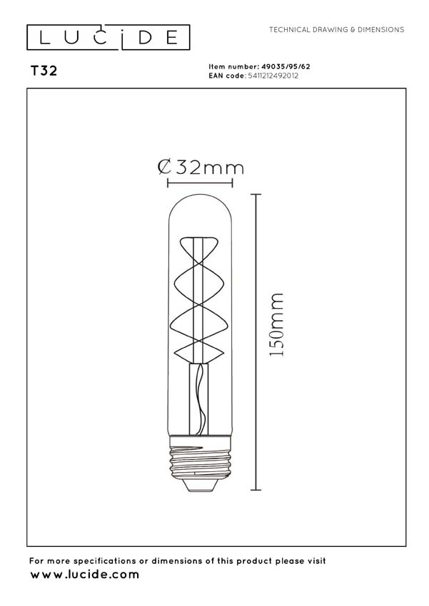 Lucide T32 - Filament lamp - Ø3,2cm - LED 3 StepDimbaar (Memory) - E27 - 1x4,9W 2200K - Amber