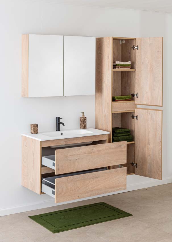 Meuble de salle de bain Tibo en chêne méditerranéen avec lavabo simple blanc mat 90cm