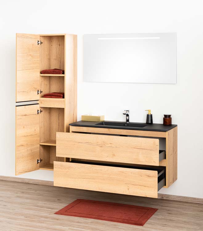 Badkamermeubel Daria eik goudbruin hangend met enkele wastafel mat zwart 120cm
