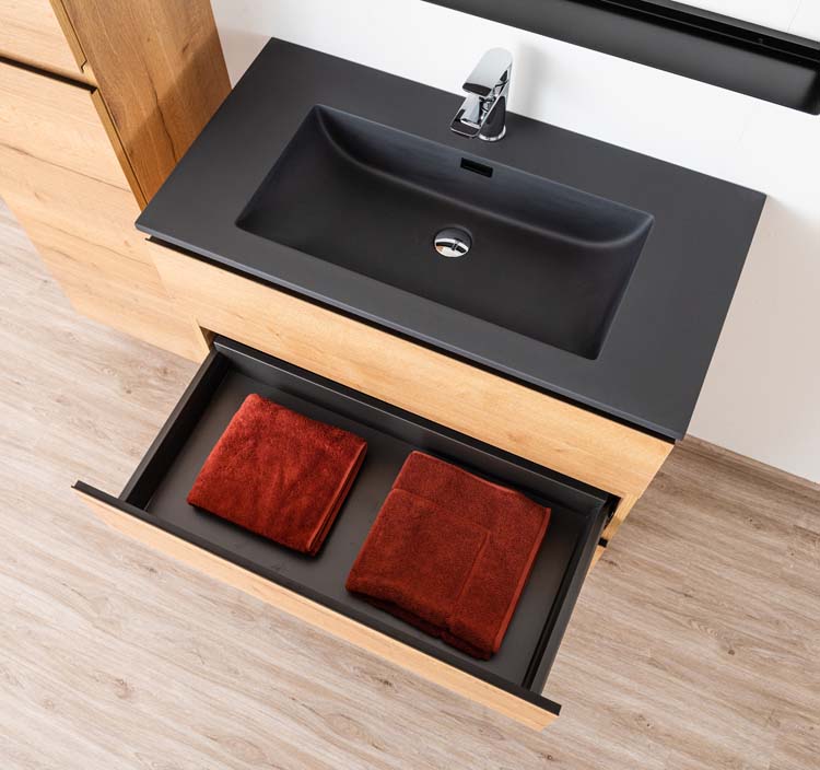 Badkamermeubel Daria eik goudbruin staand met enkele wastafel mat zwart 90cm